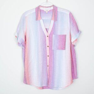 Terra & Sky Womens Button Down Linen Camp Shirt Size 0X Short Sleeve Ombre‎ Work